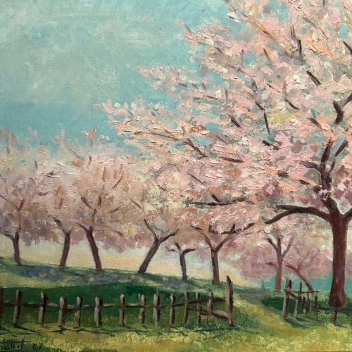 Huile sur toile arbres en fleurs XXe par J. Vuillet 1987 L9033