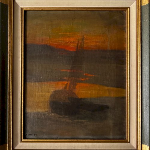 Huile sur toile bateau au soleil couchant par Jean-Yves Couliou XXe A5745
