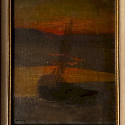Huile sur toile bateau au soleil couchant par Jean-Yves Couliou XXe A5745