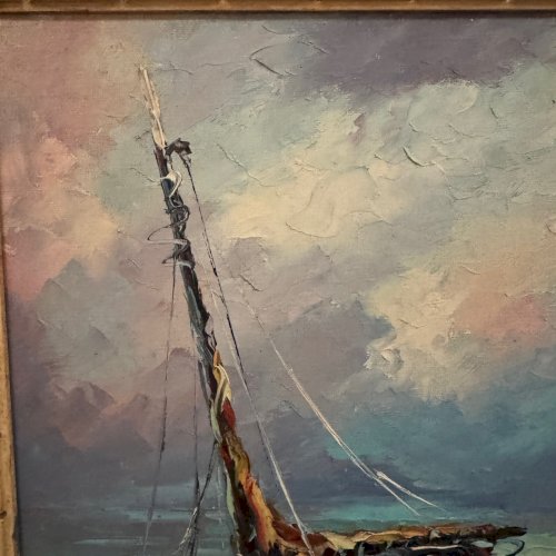 Huile sur toile bateaux de pêcheurs 1950 par Y. Morin L9223