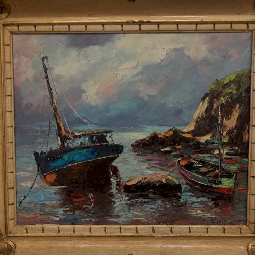 Huile sur toile bateaux de pêcheurs 1950 par Y. Morin L9223