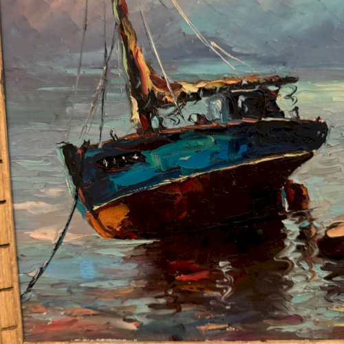 Huile sur toile bateaux de pêcheurs 1950 par Y. Morin L9223