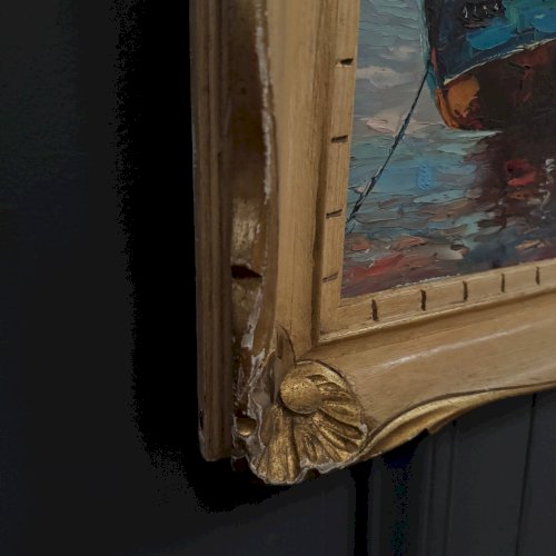 Huile sur toile bateaux de pêcheurs 1950 par Y. Morin L9223