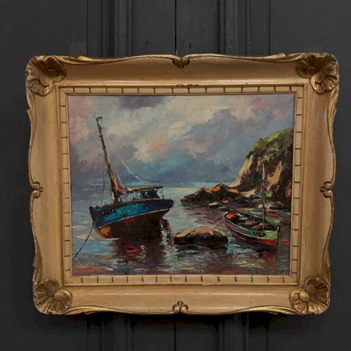 Huile sur toile bateaux de pêcheurs 1950 par Y. Morin L9223