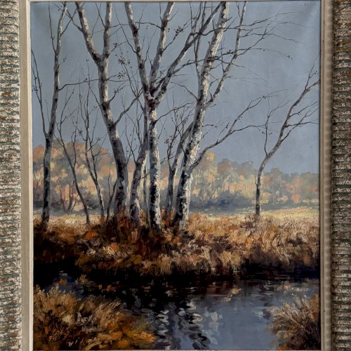 Huile sur toile bouleaux au bord de l'eau par Léon Zeytline XXe A5882
