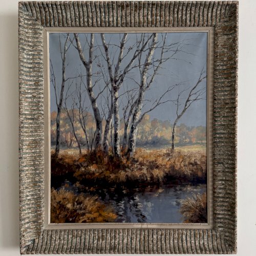 Huile sur toile bouleaux au bord de l'eau par Léon Zeytline XXe A5882