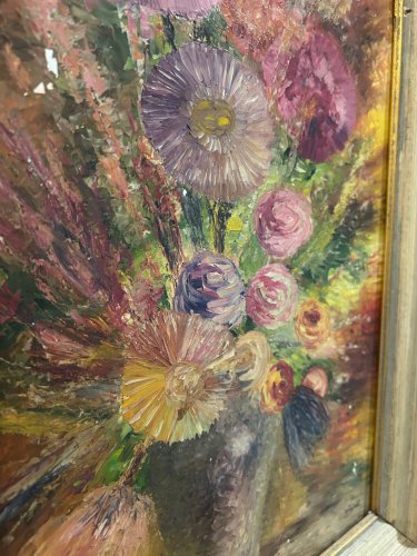 Huile sur toile, bouquet, années 50