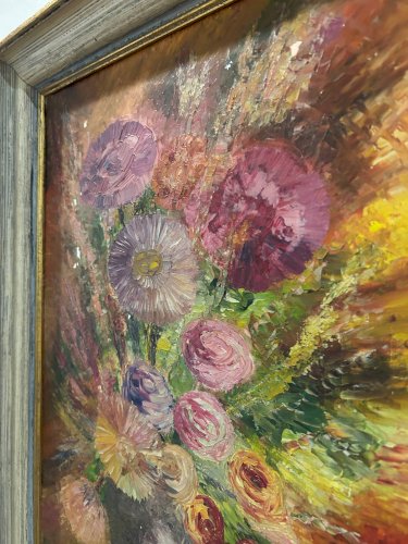 Huile sur toile, bouquet, années 50