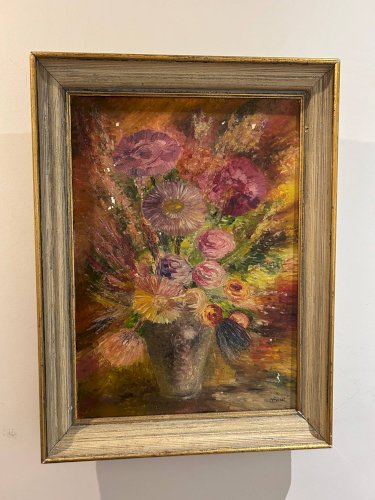 Huile sur toile, bouquet, années 50