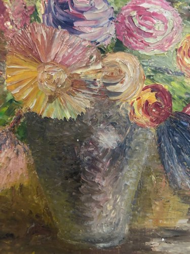 Huile sur toile, bouquet, années 50