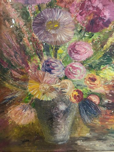 Huile sur toile, bouquet, années 50
