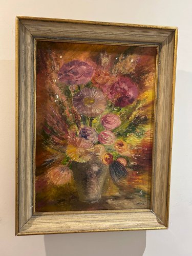 Huile sur toile, bouquet, années 50