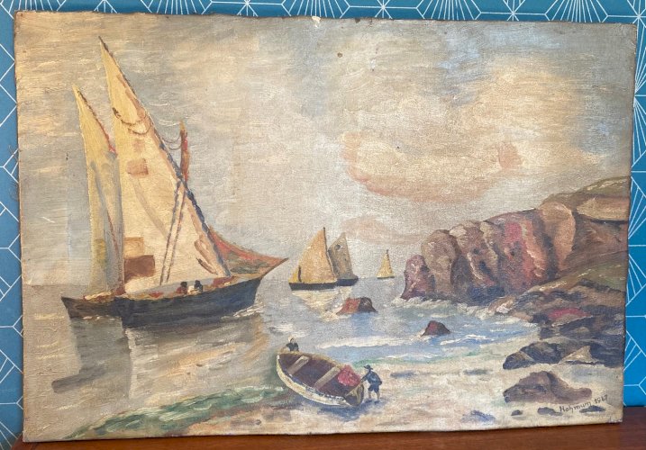 Huile sur toile, Bretagne, tableau signé, plage, mer. Datée de 1947.