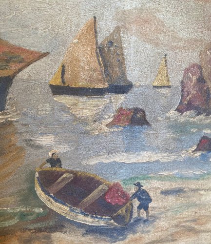 Huile sur toile, Bretagne, tableau signé, plage, mer. Datée de 1947.