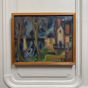 Huile sur toile composition moderne Ile de Chatou par J.-J. Sigrist A5854