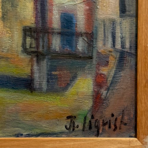 Huile sur toile composition moderne Ile de Chatou par J.-J. Sigrist A5854