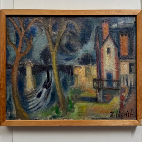 Huile sur toile composition moderne Ile de Chatou par J.-J. Sigrist A5854