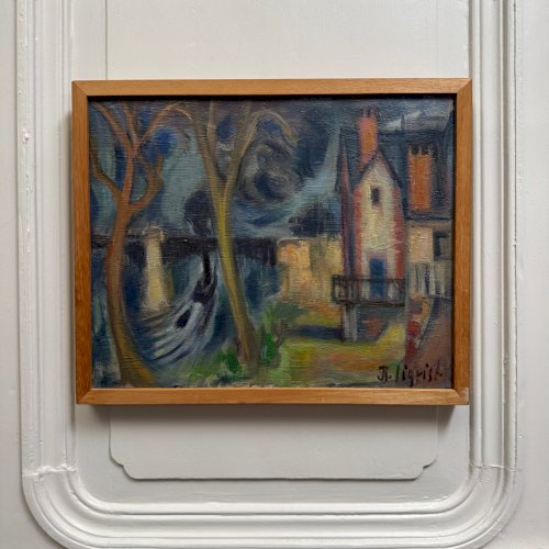 Huile sur toile composition moderne Ile de Chatou par J.-J. Sigrist A5854