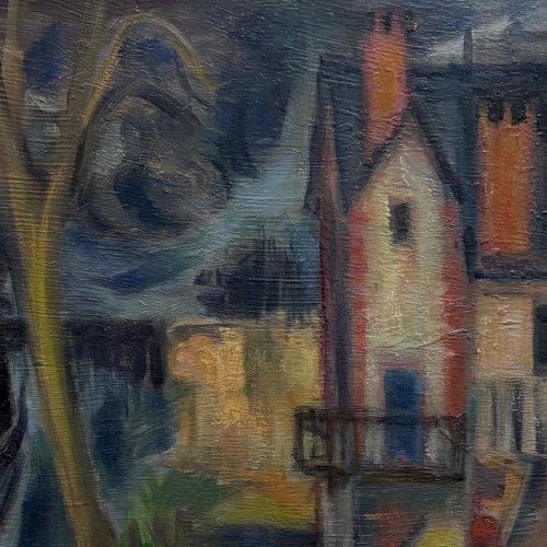 Huile sur toile composition moderne Ile de Chatou par J.-J. Sigrist A5854