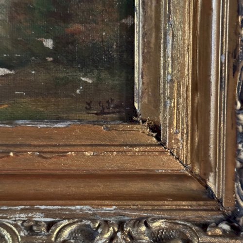 Huile sur toile contrecollée sur panneau Barbizon XIXe cadre doré A5698