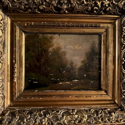 Huile sur toile contrecollée sur panneau Barbizon XIXe cadre doré A5698