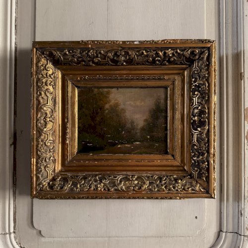 Huile sur toile contrecollée sur panneau Barbizon XIXe cadre doré A5698