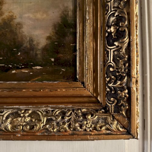 Huile sur toile contrecollée sur panneau Barbizon XIXe cadre doré A5698