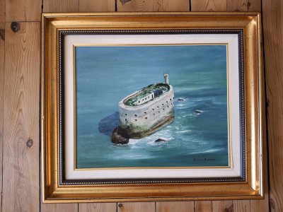 Oil on canvas by Roland Rochefort, signed and framed, Fort Boyard in Charente Maritime, 58 X 50 cm.