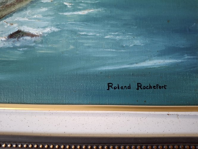Huile sur toile de Roland Rochefort signé et encadré Fort Boyard en Charente Maritime 58 X 50 cm