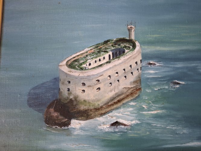 Huile sur toile de Roland Rochefort signé et encadré Fort Boyard en Charente Maritime 58 X 50 cm