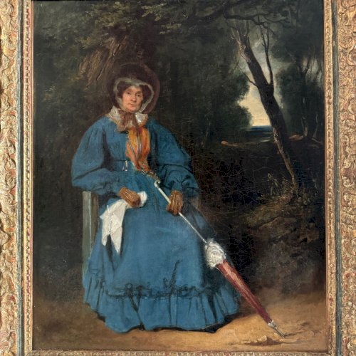 Huile sur toile femme à l'ombrelle dans un sous-bois XIXe A5622