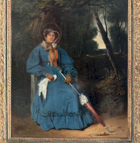 Huile sur toile femme à l'ombrelle dans un sous-bois XIXe A5622