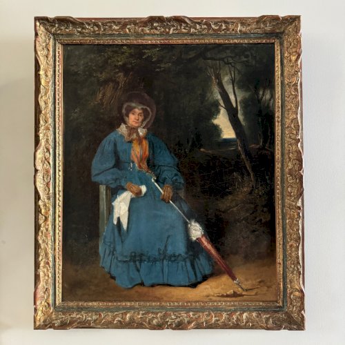 Huile sur toile femme à l'ombrelle dans un sous-bois XIXe A5622