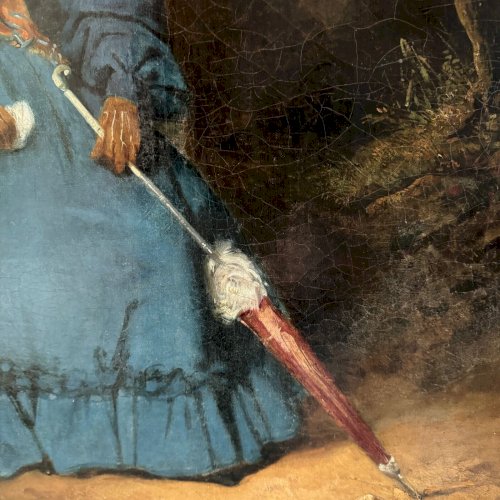 Huile sur toile femme à l'ombrelle dans un sous-bois XIXe A5622