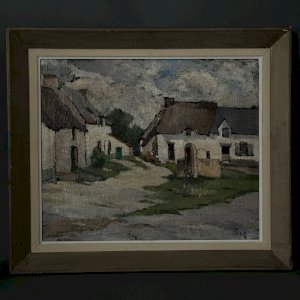 Huile sur toile fermettes bretonnes Boulay par Pasquier début XXe A5538