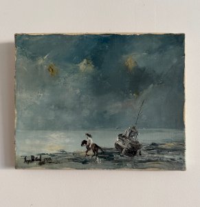 Oil on canvas The Manes by Serge Doceul horseman at the boat 1988 A5837