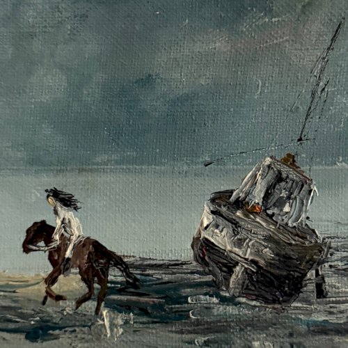 Huile sur toile Les Crinières par Serge Doceul cavalier au bateau 1988 A5837