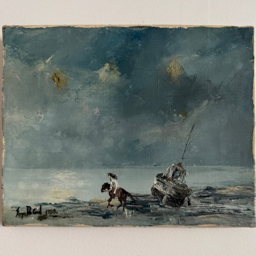 Huile sur toile Les Crinières par Serge Doceul cavalier au bateau 1988 A5837