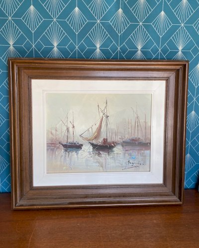 Huile sur toile, marine, Bretagne, tableau signé Segrelles, plage, mer.