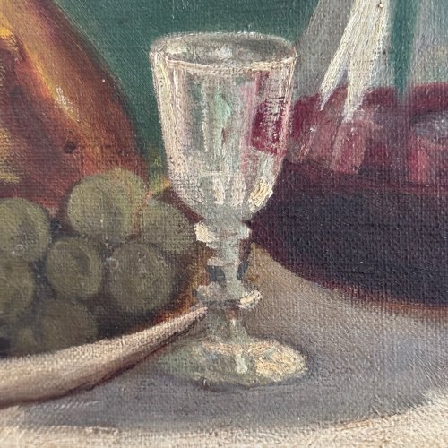 Huile sur toile nature morte au fruits et à la carafe XXe par M. Cozenat A5649