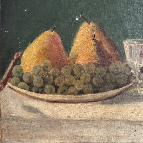 Huile sur toile nature morte au fruits et à la carafe XXe par M. Cozenat A5649