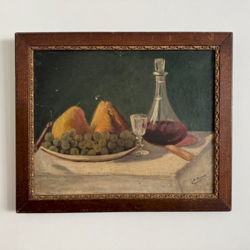 Huile sur toile nature morte au fruits et à la carafe XXe par M. Cozenat A5649