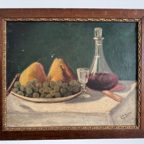 Huile sur toile nature morte au fruits et à la carafe XXe par M. Cozenat A5649