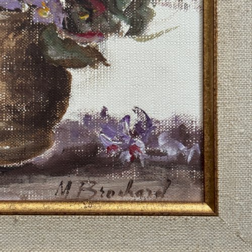 Huile sur toile nature morte aux fleurs par M. Brochard XXe A5857