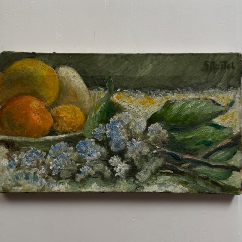 Huile sur toile nature morte aux fruits et aux fleurs par S. Raitel A5858