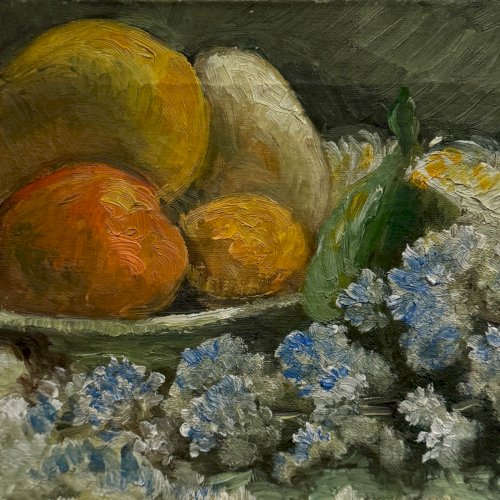 Huile sur toile nature morte aux fruits et aux fleurs par S. Raitel A5858