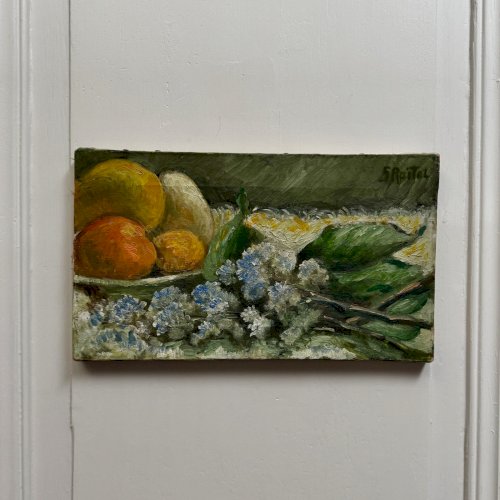 Huile sur toile nature morte aux fruits et aux fleurs par S. Raitel A5858
