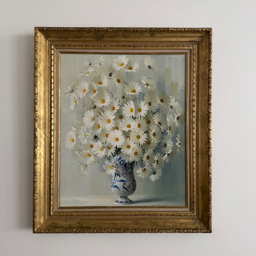 Huile sur toile nature morte aux marguerites par Elisabeth Rouvière XXe A5883