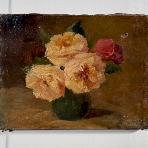 Huile sur toile nature morte aux roses fin XIXe A5862