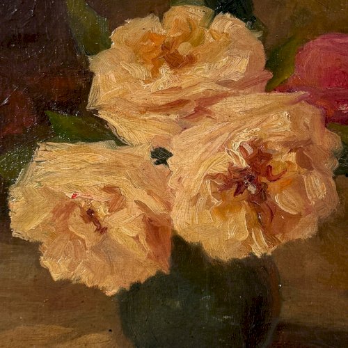 Huile sur toile nature morte aux roses fin XIXe A5862